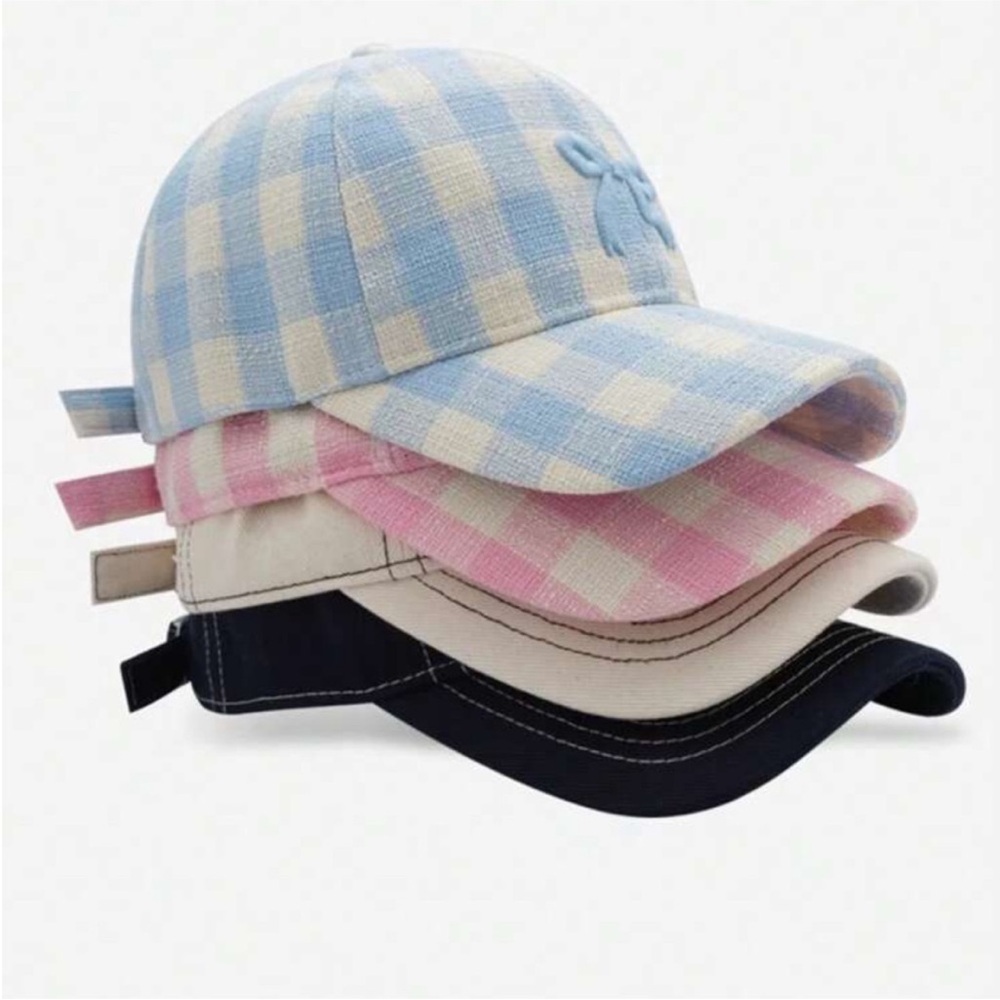 Adjustable Checkered Light Pink + White Embroidered Bowknot Baseball Cap OS New - Picture 8 of 11